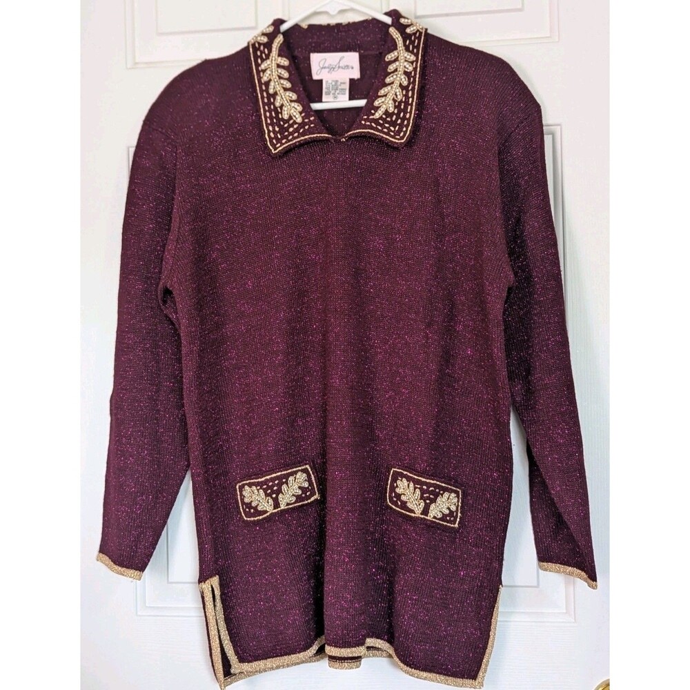 VTG Jaclyn Smith Sweater Womens Medium Burgundy Gold Beaded Pearls Embroidered